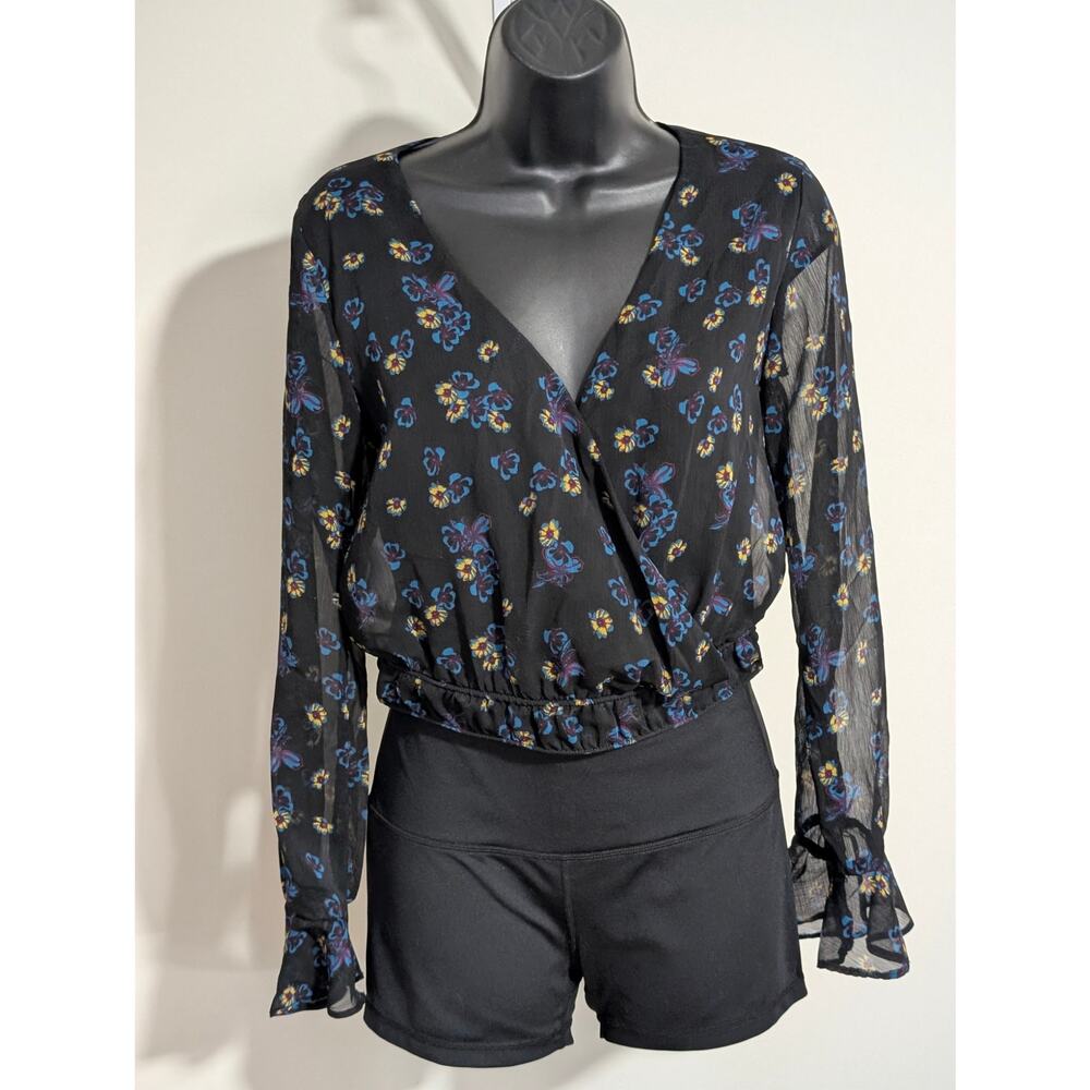 Xhilaration Sheer Floral Top Surplice Wrap Cropped Ruffled Blouse Small